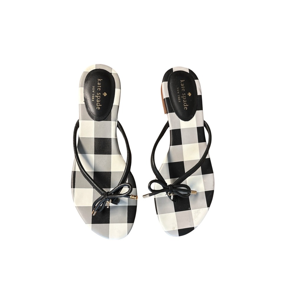 Kate Spade New York Gingham Plaid Bow Flip Flop Sandals Black White Grey 8.5M